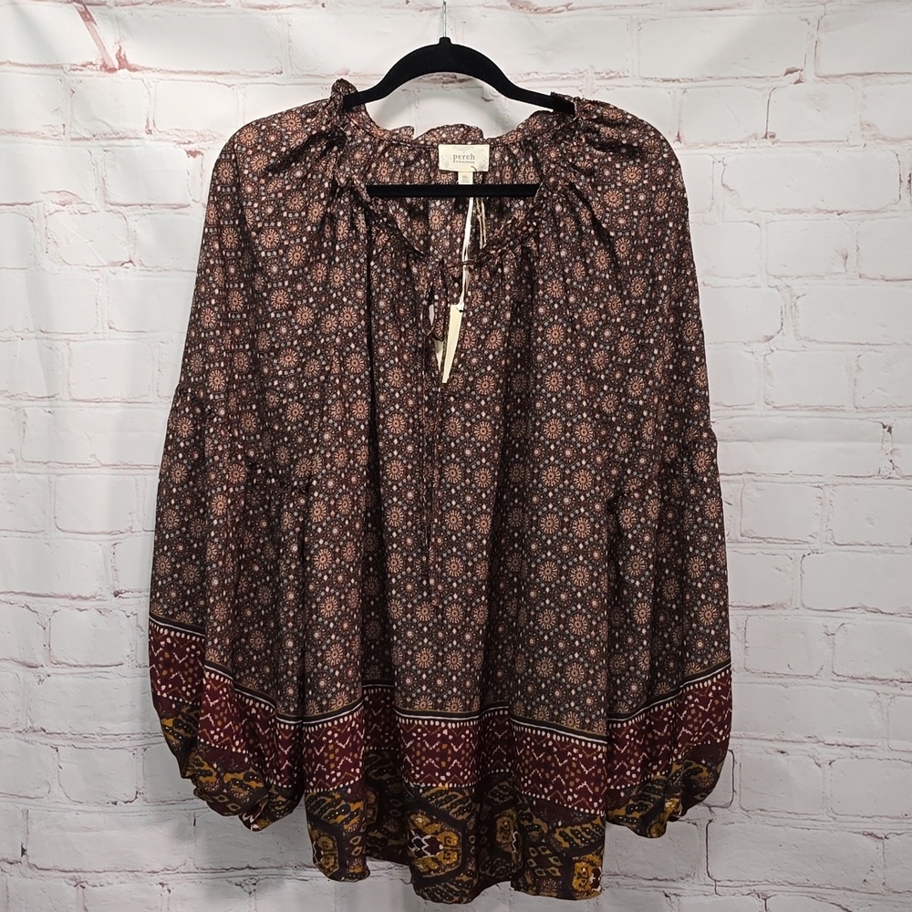 Perch By Blu Pepper Burgundy Printed Balloon Sleeve Blouse Womens Size 2XL NWT